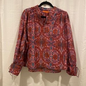 Oliphant Pintuck Wide Cuff Blouse- Pink, Raspberry and Teal. Size Small. Worn 1x